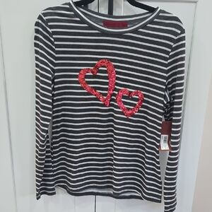 Kids Striped Long-Sleeve Top with Sequin Hearts - Black/Gray